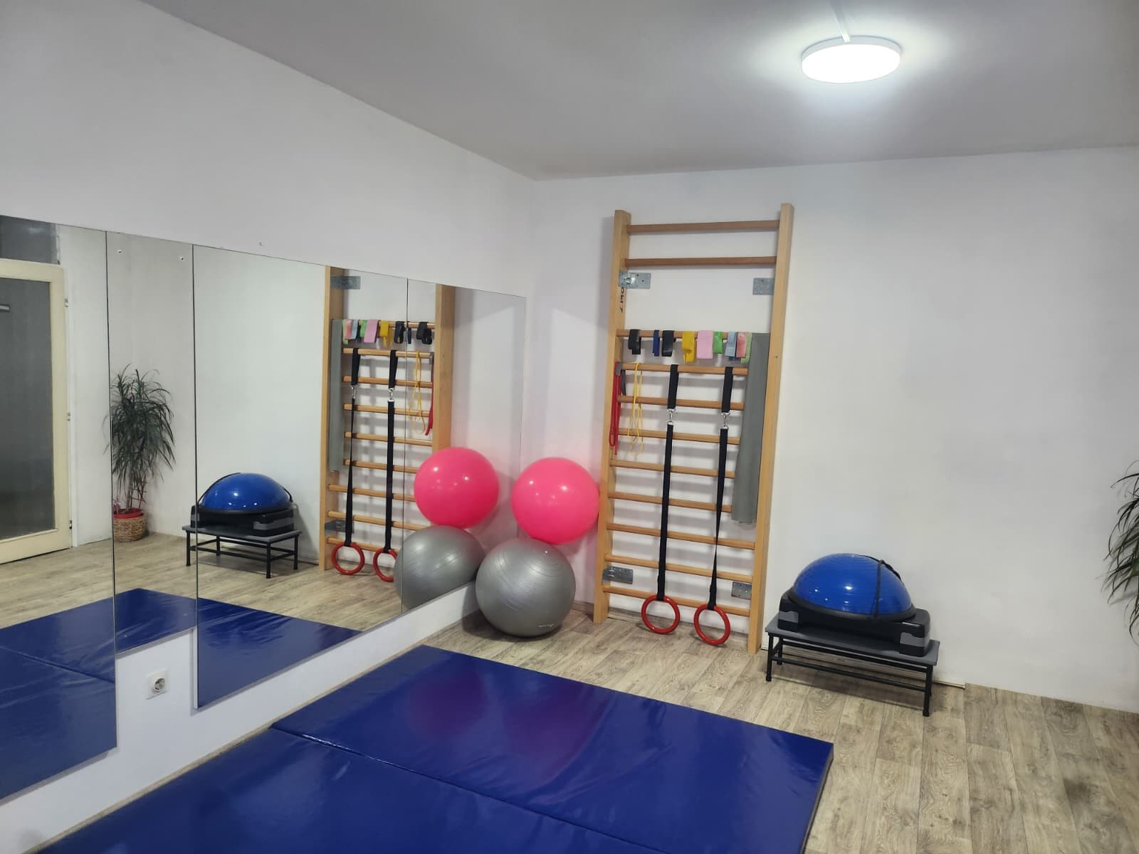 Svetla sala za fizioterapiju i vežbe u Fiziosensu u Leskovcu — švedski zid, ogledalo i prostor za rehabilitaciju